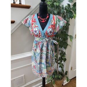 5th Culture Women's Floral 100% Cotton V-Neck Short Sleeve Knee Length Dress S